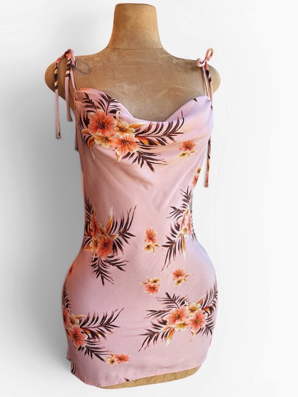LPA Cowl Mini Slip Dress Tropic Bouquet Pink Floral Satin. - Picture 2 of 11